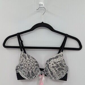 Victoria's Secret PINK Bra 34A Black White Paisley Floral T-shirt Lightly Lined